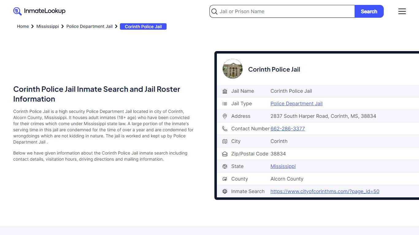 Corinth Police Jail Inmate Search - Corinth Mississippi - Inmate Lookup