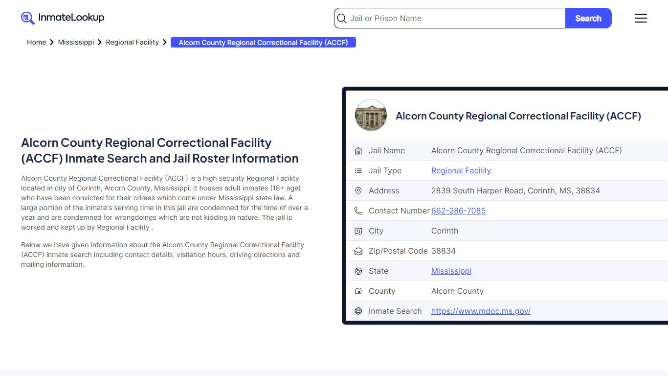 Alcorn County Regional Correctional Facility (ACCF) Inmate Search, Jail ...
